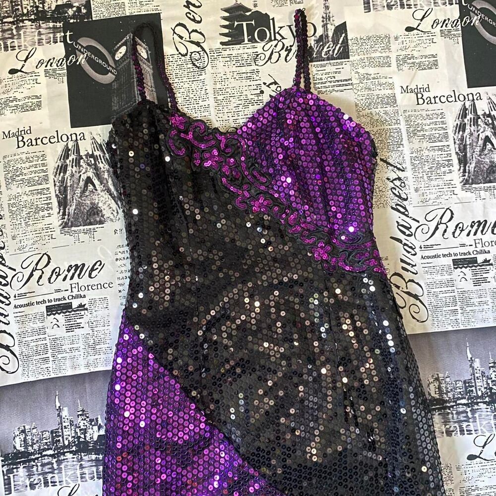 J Reynolds Design Atlanta Black purple formal sequin prom dress vintage 80s lace